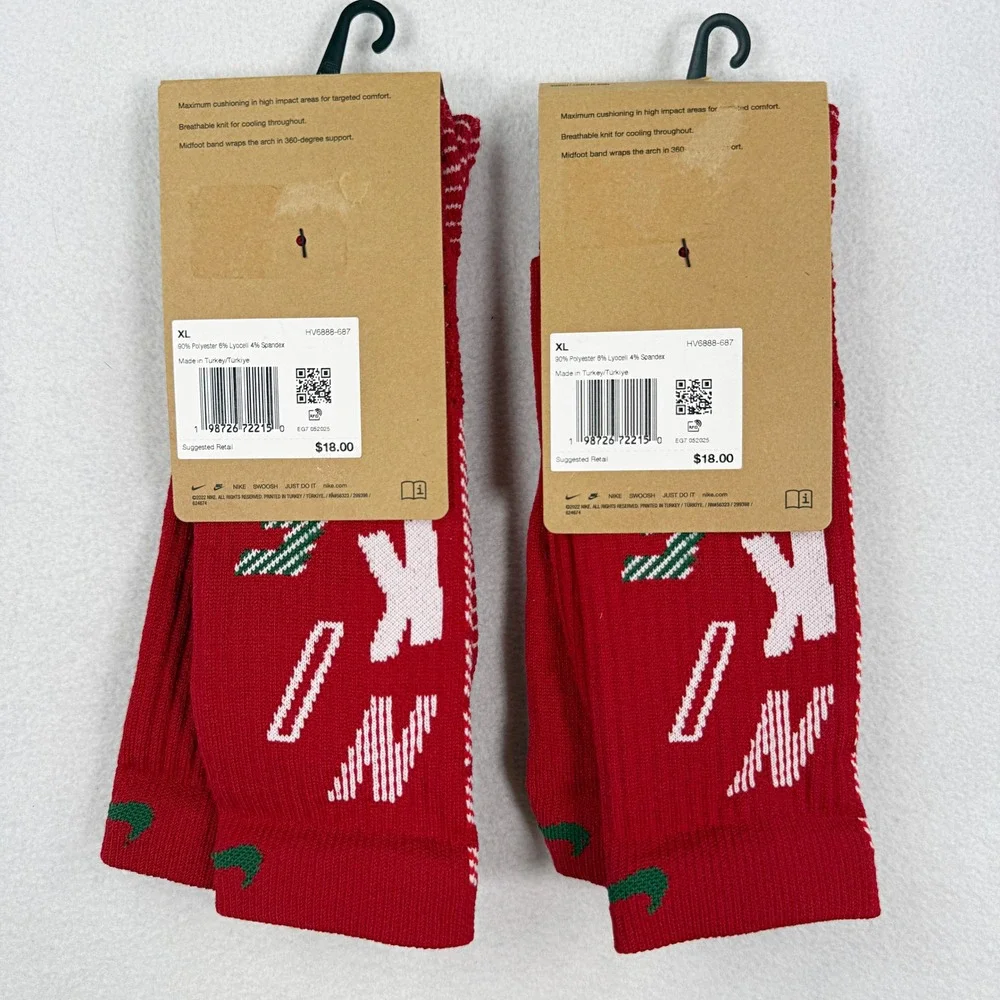 Nike Elite Socks Crew Height Size XL 12 - 15 Mens (Lot of 2) Red HV6888-687